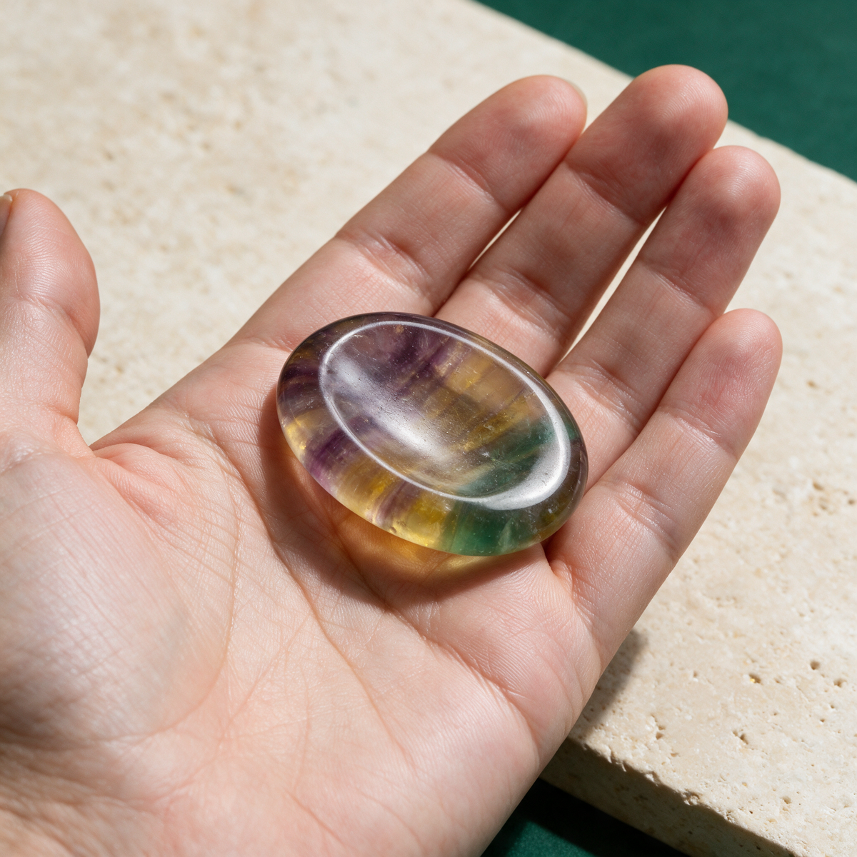 A hand holding the fluorite comfort stone with the thumb hollow facing up