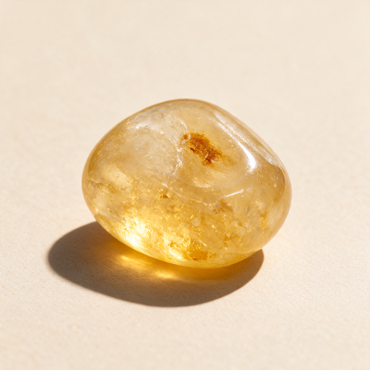 Tumbled golden healer quartz catching low light, a warm yellow glow pooling on the surface beneath it