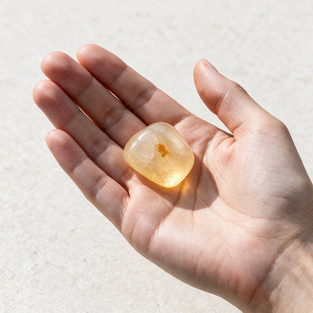 Single golden healer quartz stone held in an open palm, roughly thumb-sized