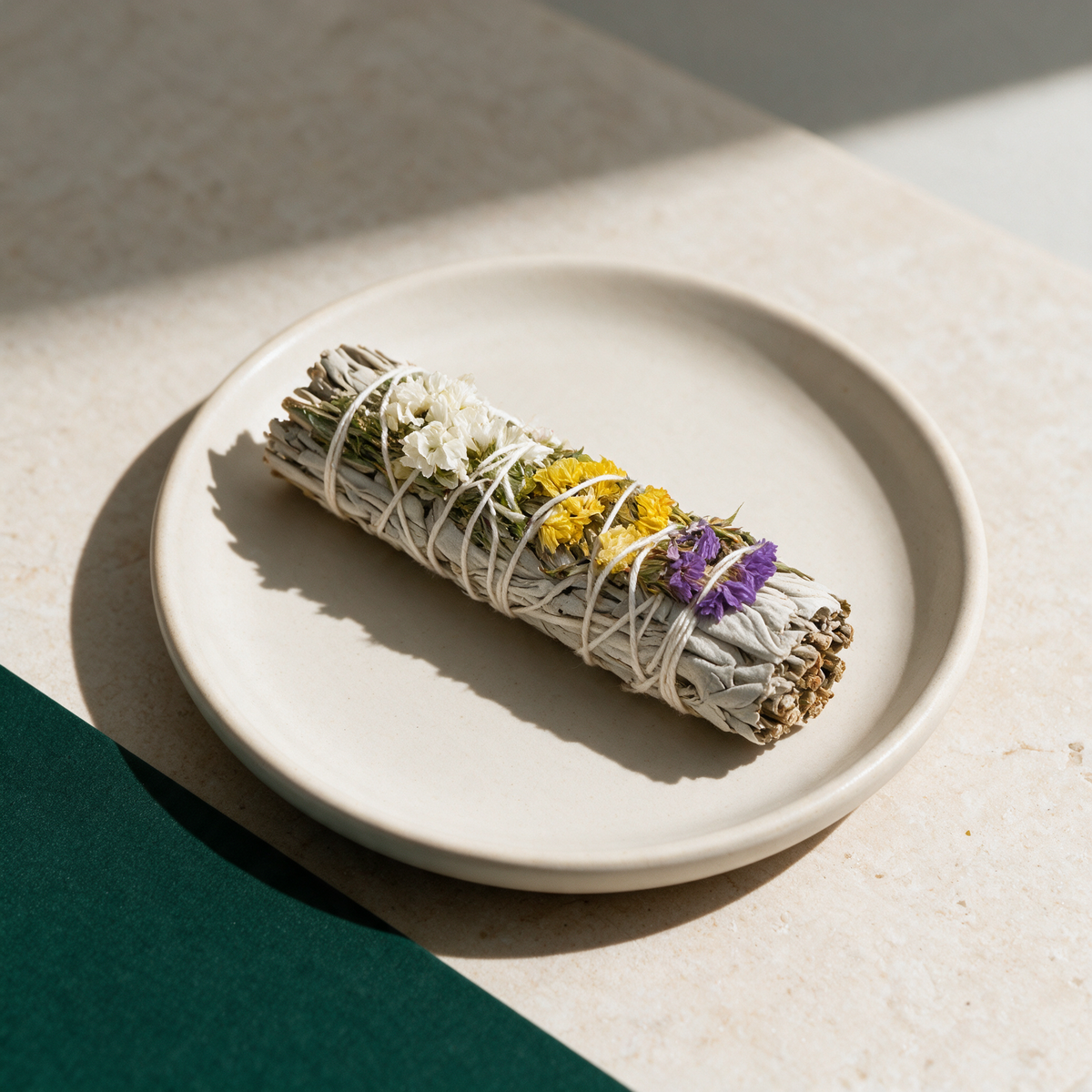A single sage bundle on a cream ceramic plate on travertine, wrapped with purple, white and yellow dried statice and bound in white thread.