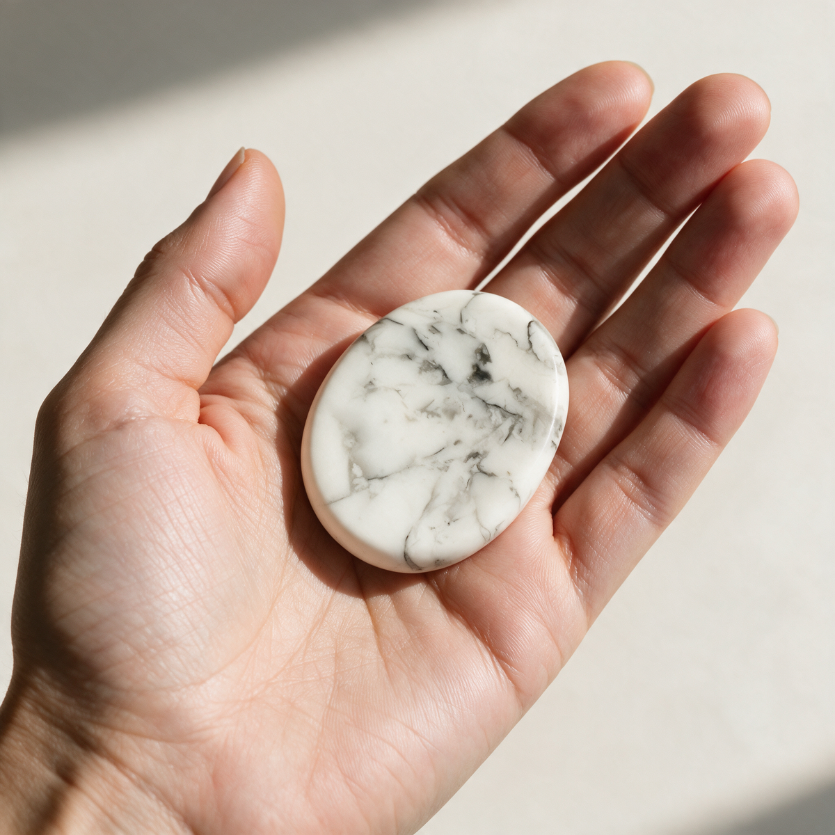 White howlite comfort stone held flat in an open hand, about the size of a large coin