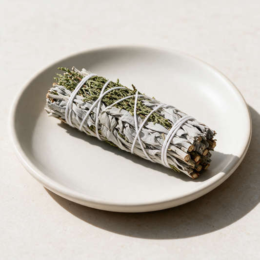 Four-inch juniper and white sage bundle resting on a small cream ceramic dish