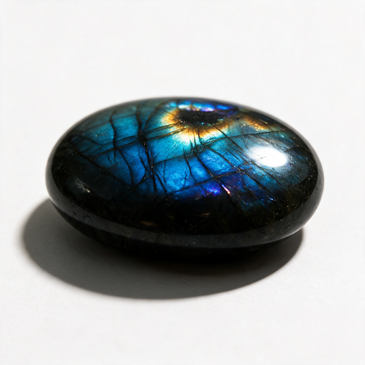 Polished labradorite palm stone seen from the side, its dark gray body flashing peacock blue and gold