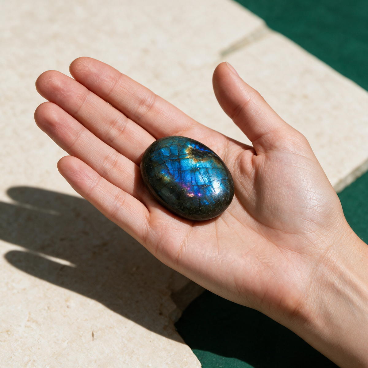 Labradorite comfort stone resting in an open palm in sunlight, about the width of two fingers