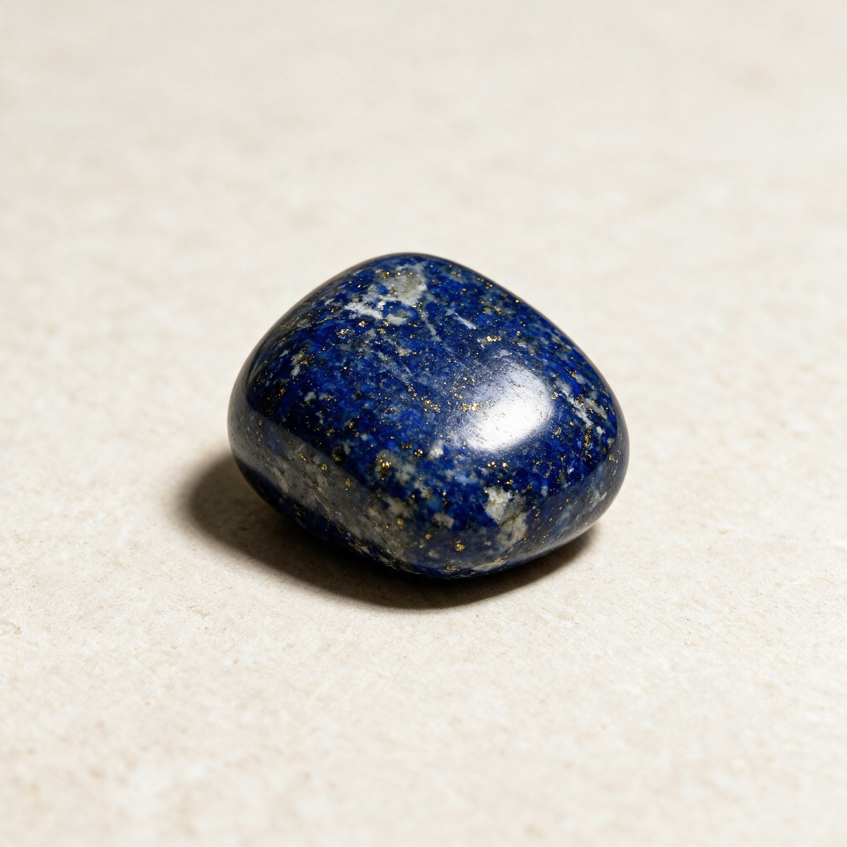 A tumbled lapis lazuli pocket stone in deep royal blue with gold pyrite flecks and pale calcite veining