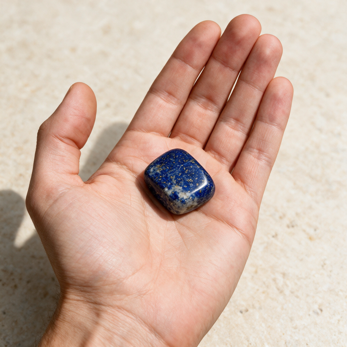 A hand holding a single lapis lazuli pocket stone to show its size