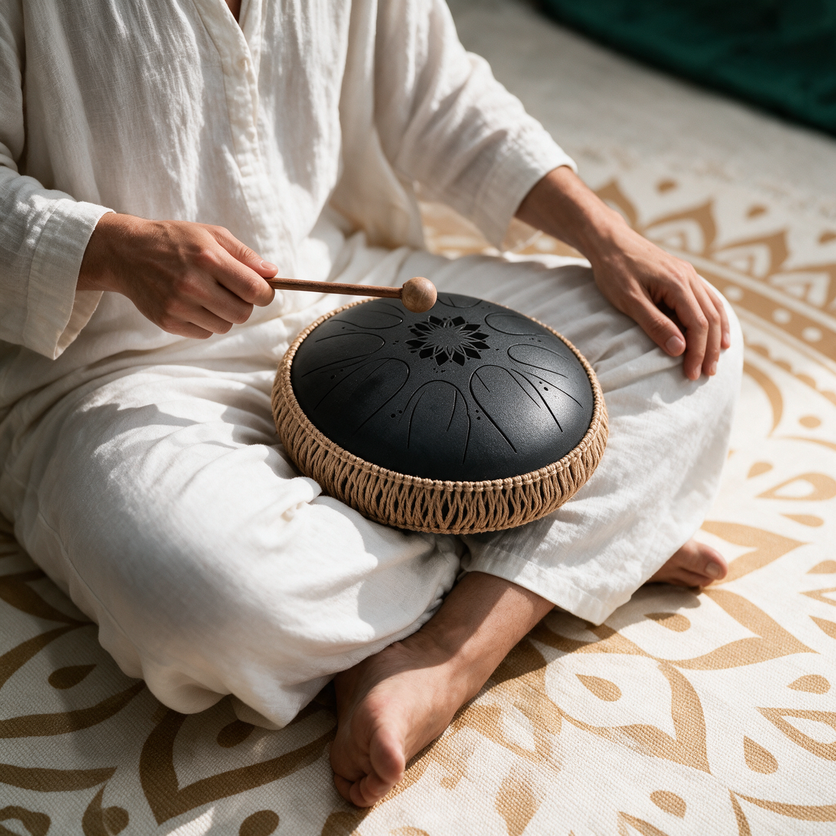 Person seated cross-legged in white playing the steel tongue drum on their lap with two mallets
