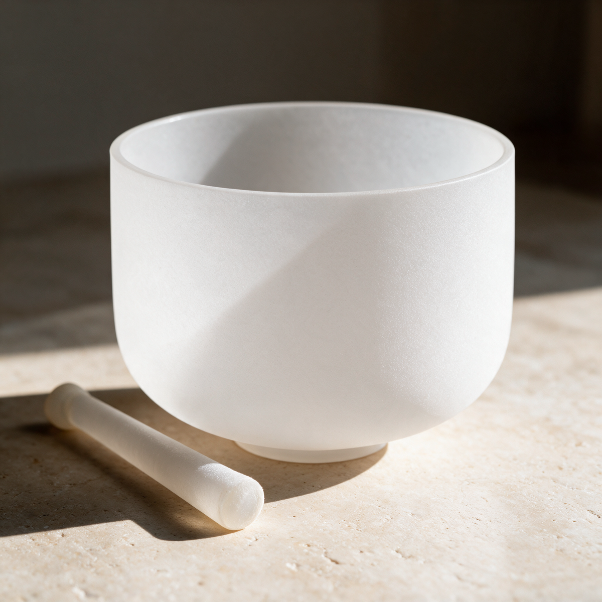 Close view of the bowl on pale stone in warm light, the frosted mallet in front of it, the rim edge and the matte frosted wall clearly visible.