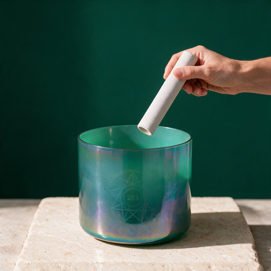 A hand striking the turquoise-green Solfeggio crystal singing bowl with a suede mallet, on a stone plinth against dark green.