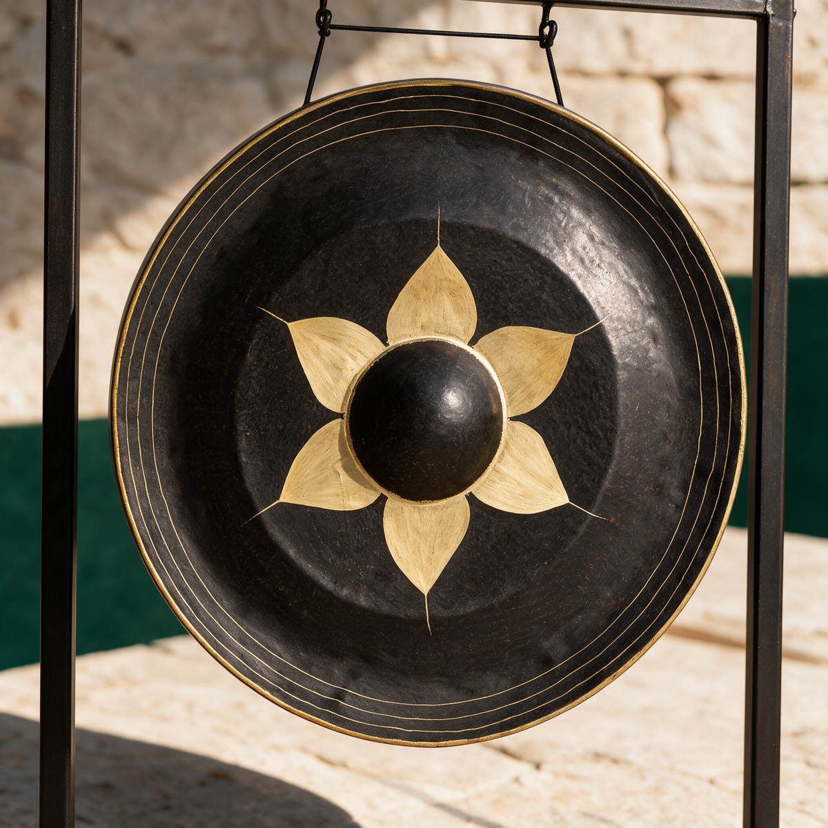 20-inch Thai gong hanging from a black gong stand in daylight, the gold lotus petals and central boss facing the camera