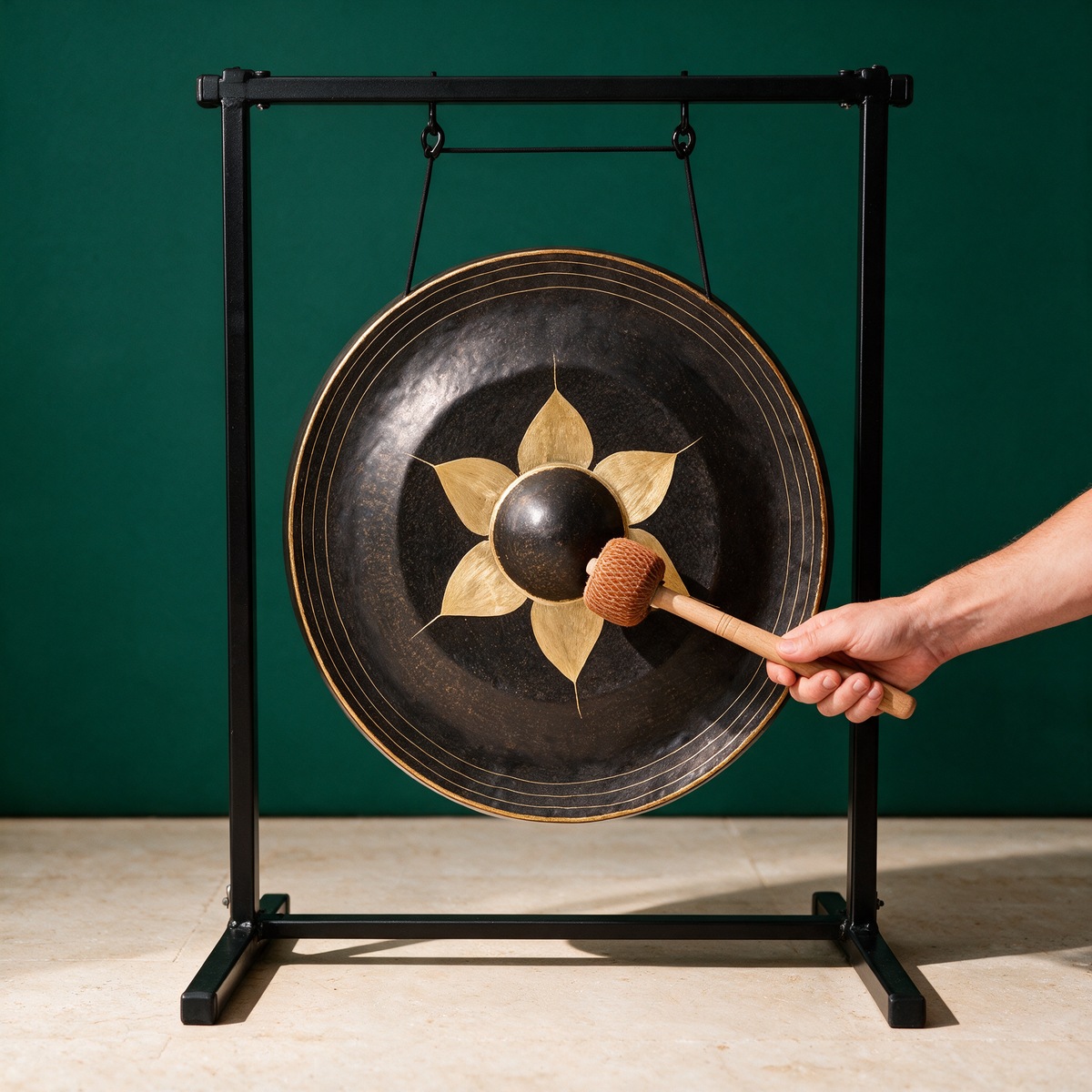 The Thai gong hanging in a full-size floor stand while a hand strikes it with the beater