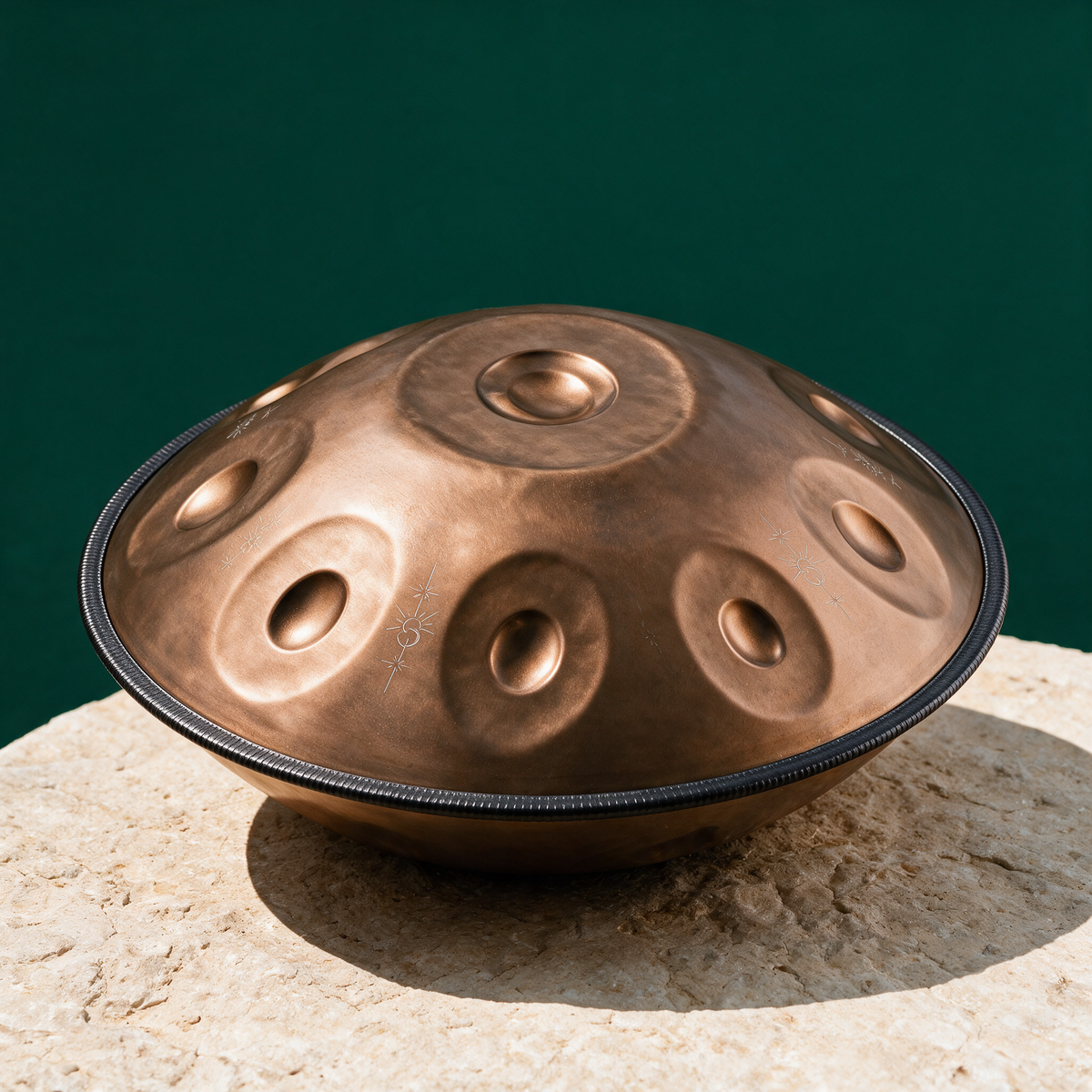 Vintage copper handpan resting on a pale stone pedestal against a dark green backdrop, the tone fields arranged around the central ding