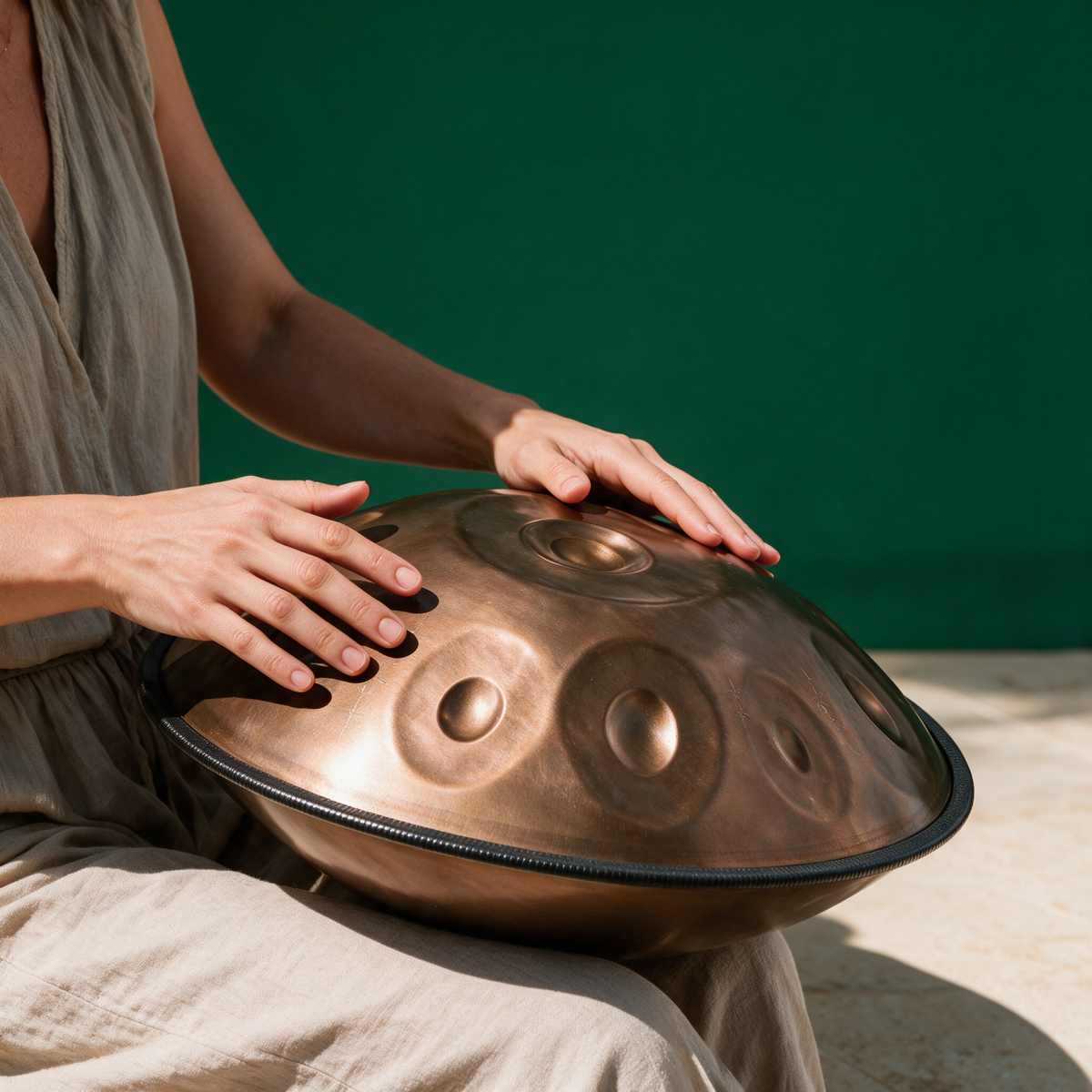 Hands playing the copper handpan as it rests on the player's lap against a green backdrop