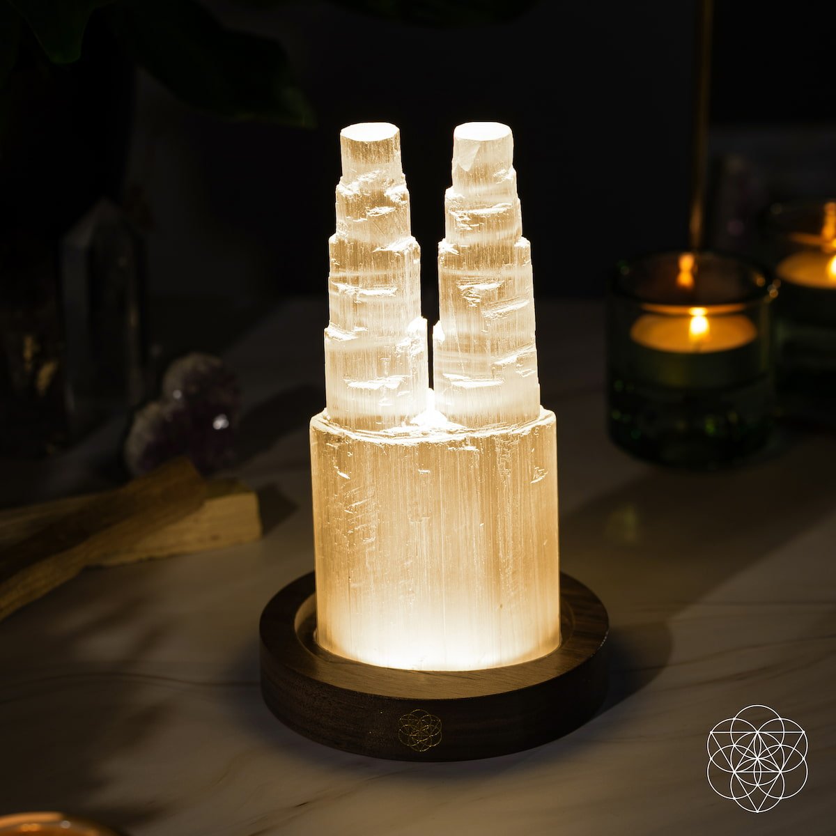 Two-Tower Selenite Lamp — Deep Cleanse & Reset in Moroccan Crystal