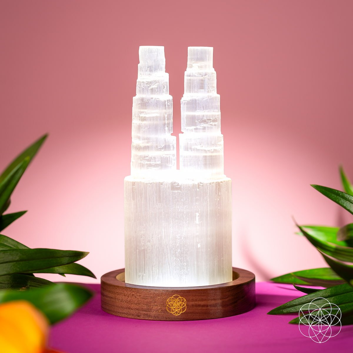 Two carved Selenite towers glowing side by side on a wooden base — view 4