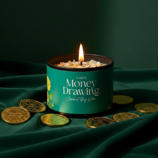 Lit Circe Money Drawing candle on green velvet surrounded by gold coins