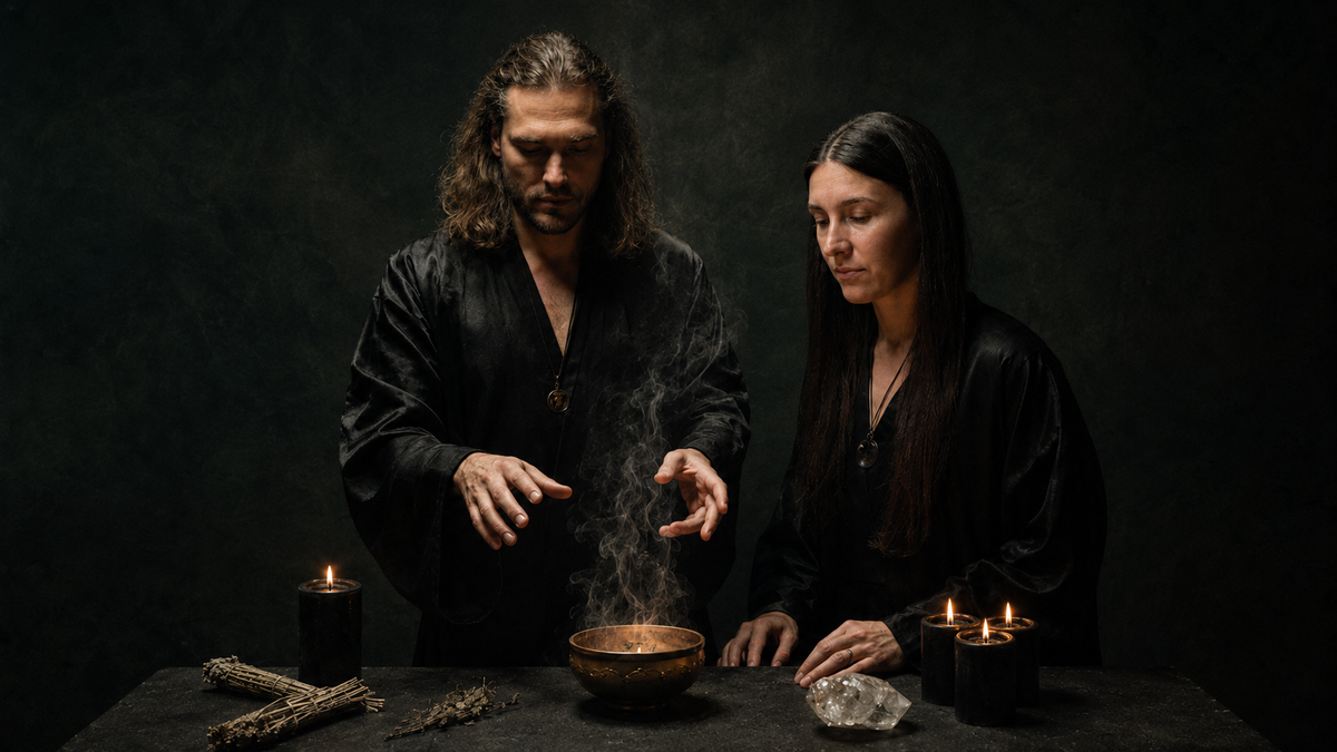 Leif Daniel and Julia at a candlelit altar, hands over a smoking brass bowl beside a quartz point