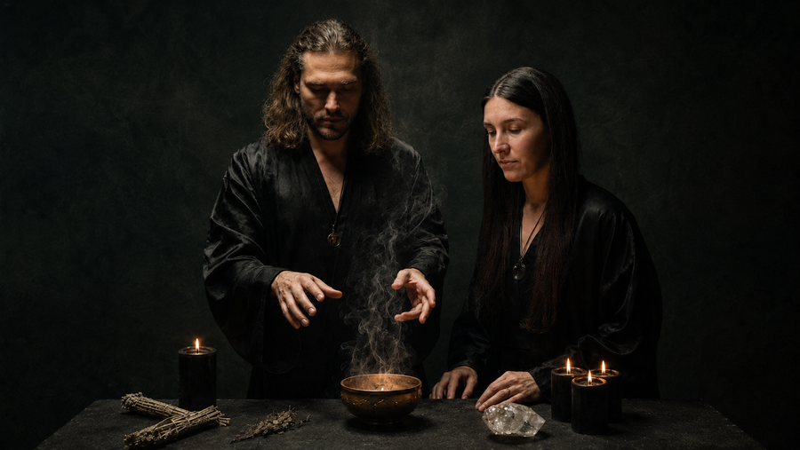 Leif Daniel and Julia at a candlelit altar, hands over a smoking brass bowl beside a quartz point