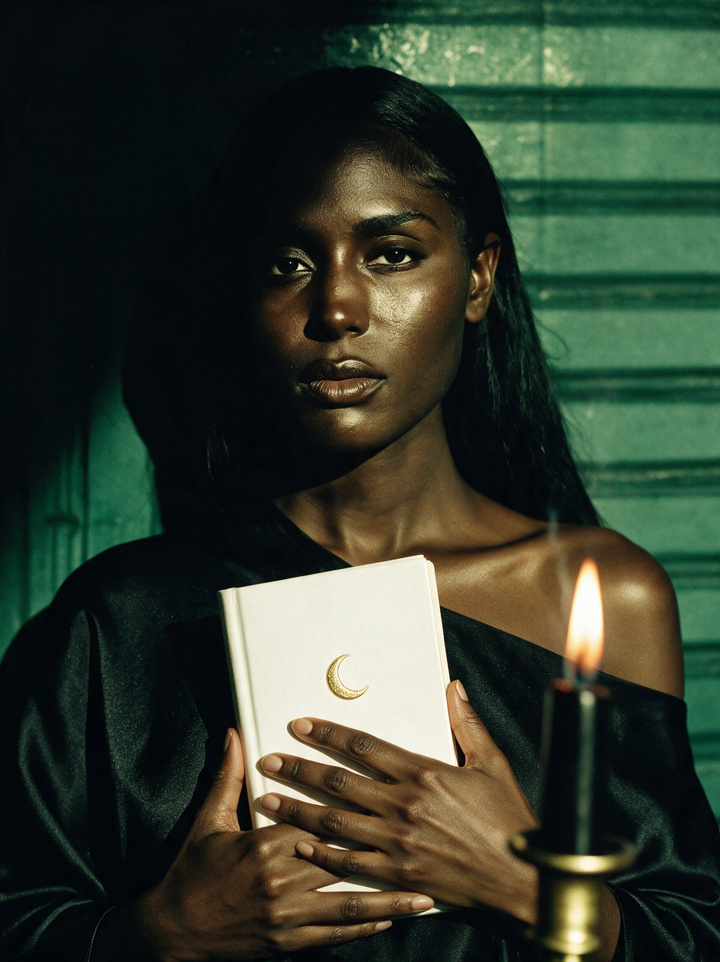 Woman in black silk holding a cream book with a gold crescent moon, lit by a single black candle