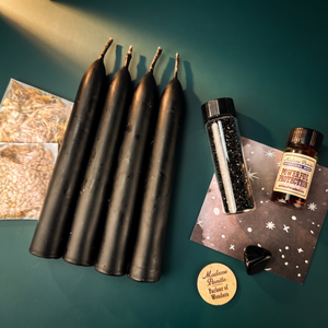 Protection Candle Spell Booster Pack with four black beeswax tapers, Powerful Protection oil, herbs, tumbled gemstone and black glass glitter