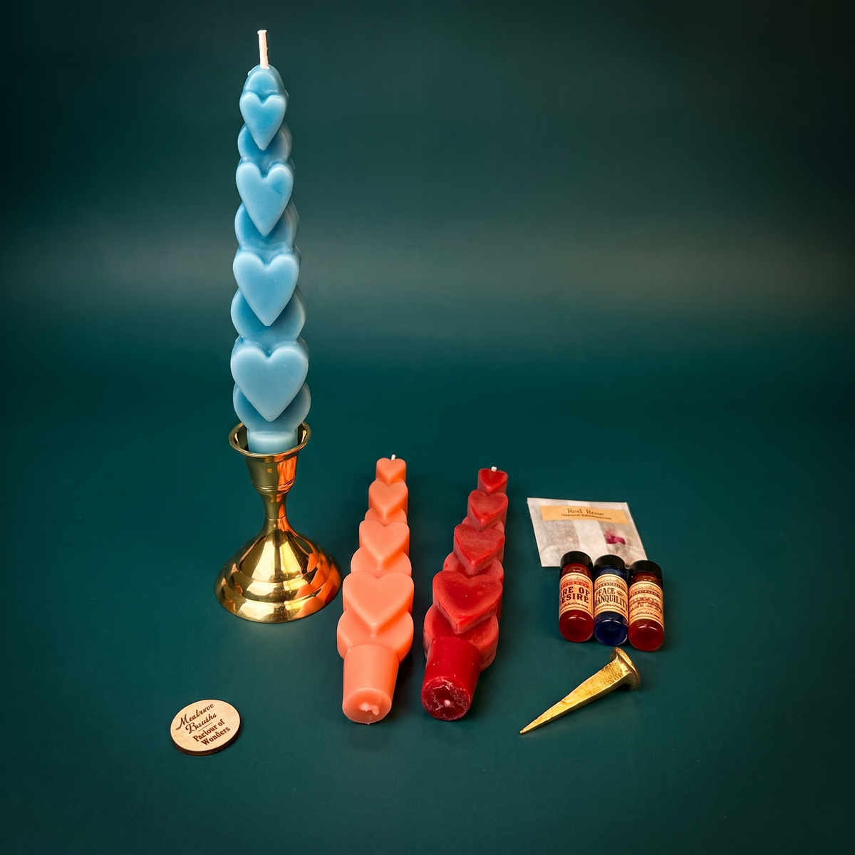 Love Wishes Candle Spell Kit with handmade beeswax candle, herbs, spiritual oil and instructions