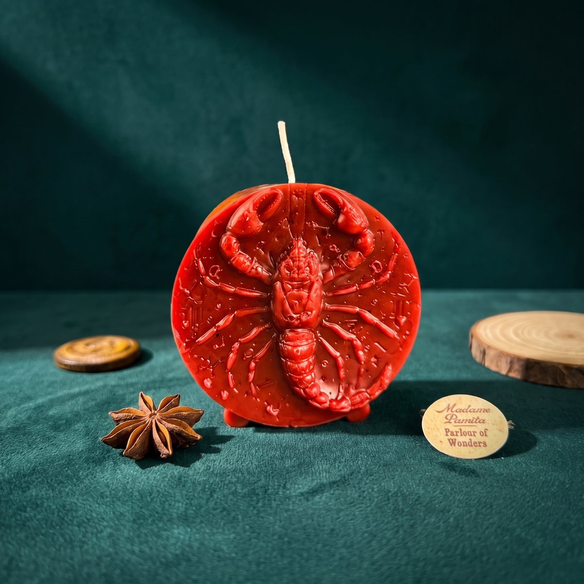 Red Scorpio candle on green fabric: a round beeswax medallion standing on small feet, a scorpion in high relief with zodiac glyphs around the rim, star anise and a wood slice beside it.