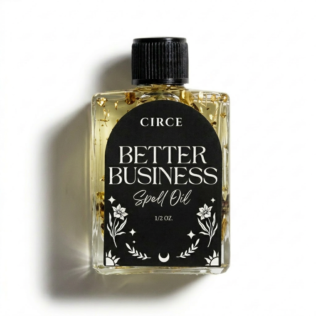 Better Business spell oil in a small twist-top glass bottle