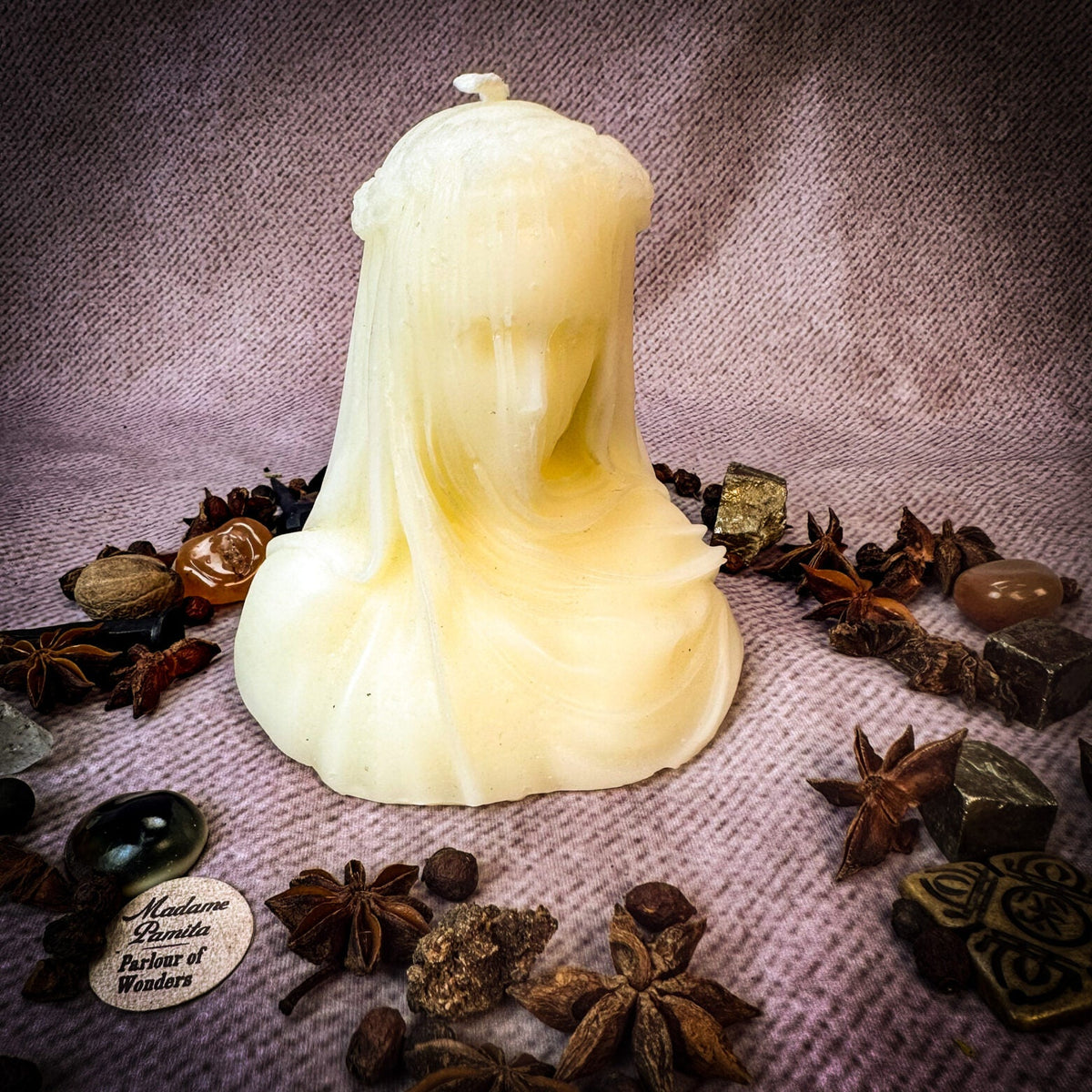 Veil of Secrets beeswax veiled figure candle in ivory white with herbs and stones