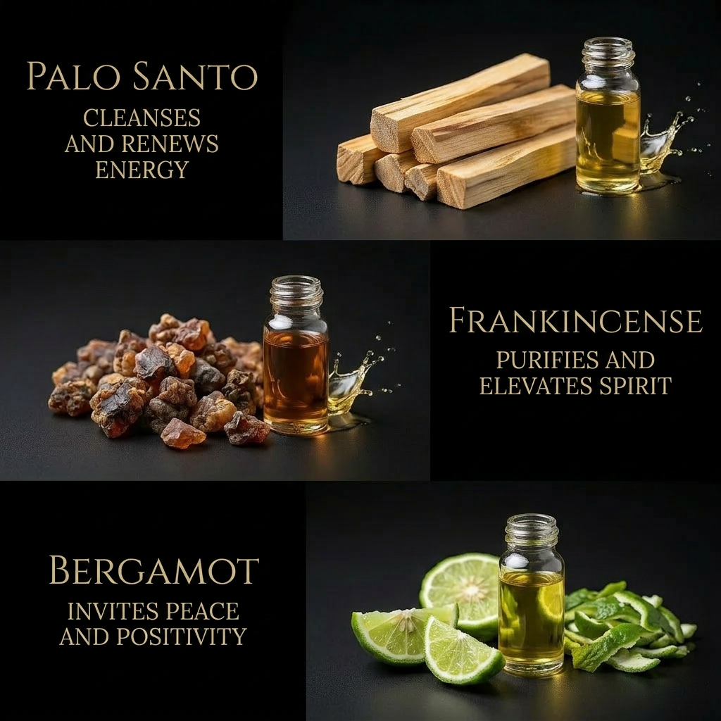 Palo Santo cleansing spray bottle, a smokeless grounding mist, close-up detail
