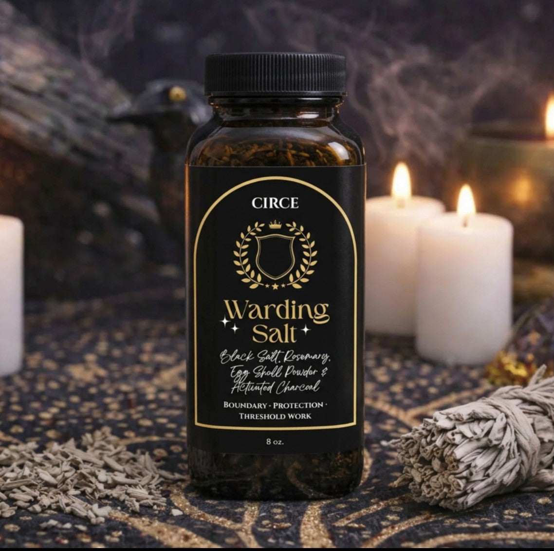 Warding Salt in an 8 ounce container, a dark protective ritual blend, shown from another angle