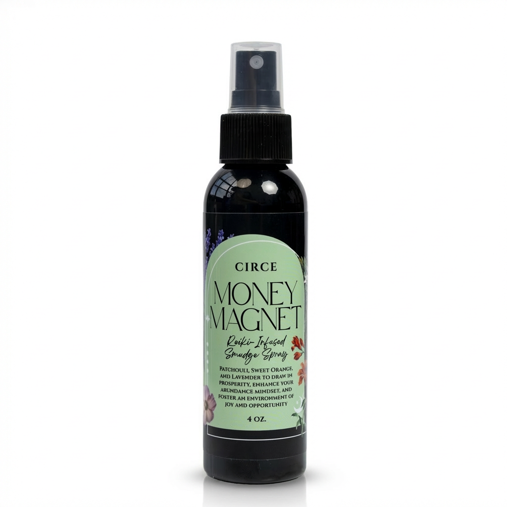 Prosperity smudge spray bottle, a money-drawing ritual mist, front view